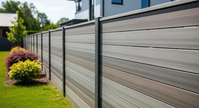Modern gray composite fence panels in residential yard