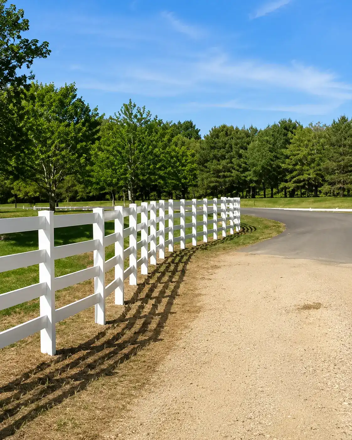 White four-rail farm fence curving along a rural driveway