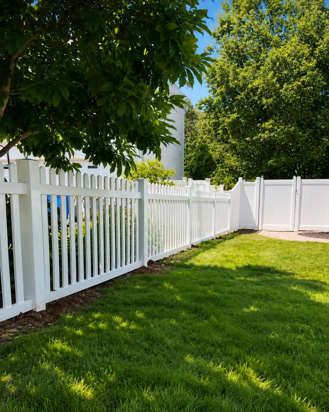 White vinyl picket fence transitioning to privacy panels in a residential backyard