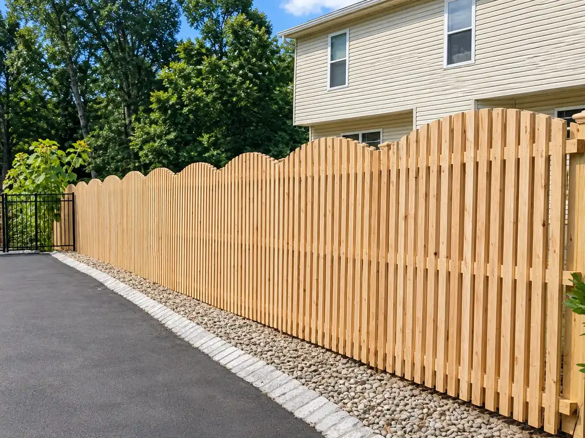 Cedar wood shadowbox fence with scalloped top along a driveway