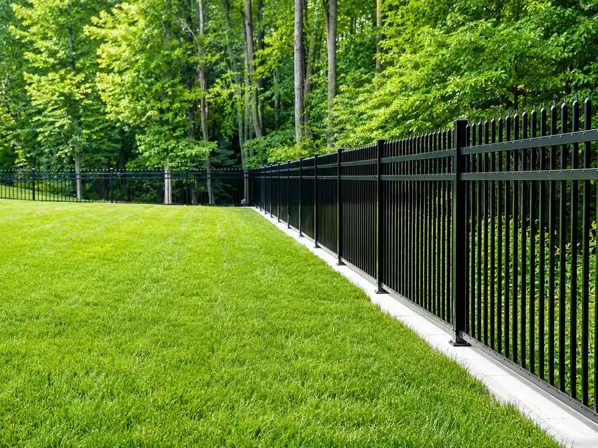 Black aluminum property line fence bordering a manicured lawn and woods
