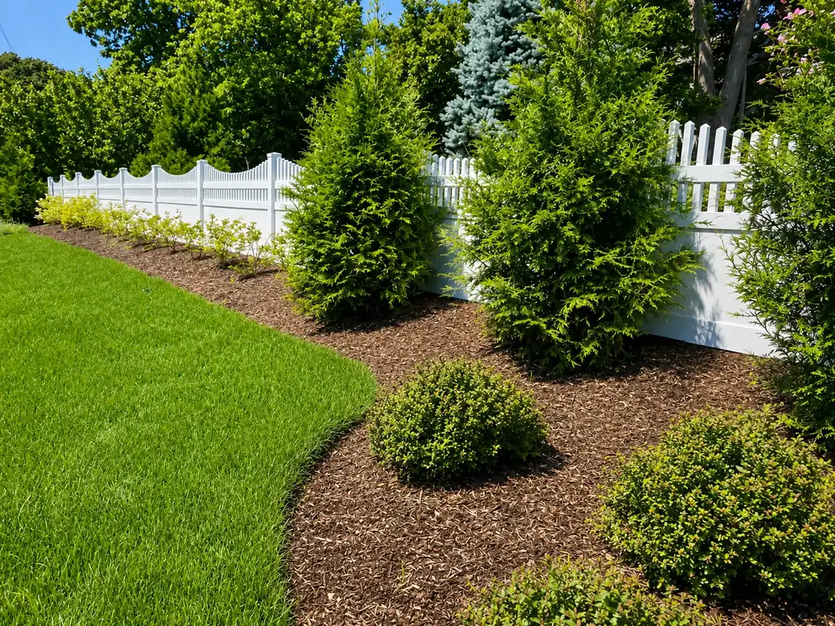 White vinyl scalloped picket fence along a landscaped garden bed