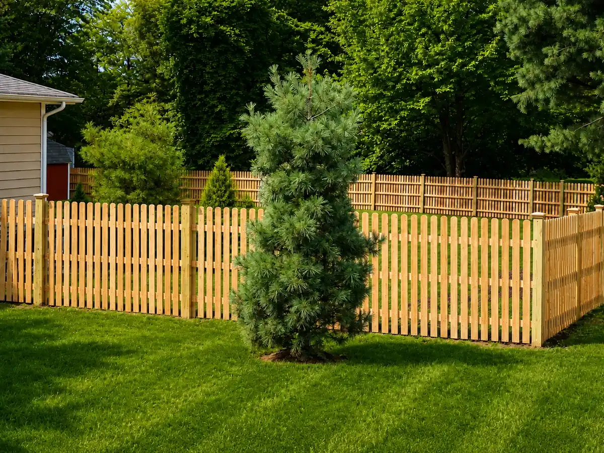 Natural wood picket fence with rounded tops in a backyard