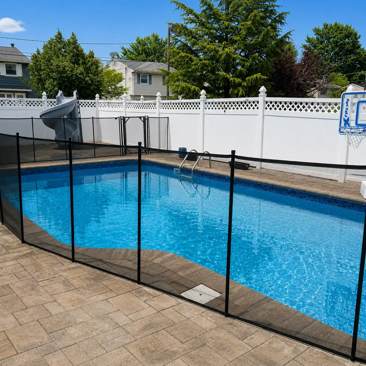 Black pool mesh fence around inground pool