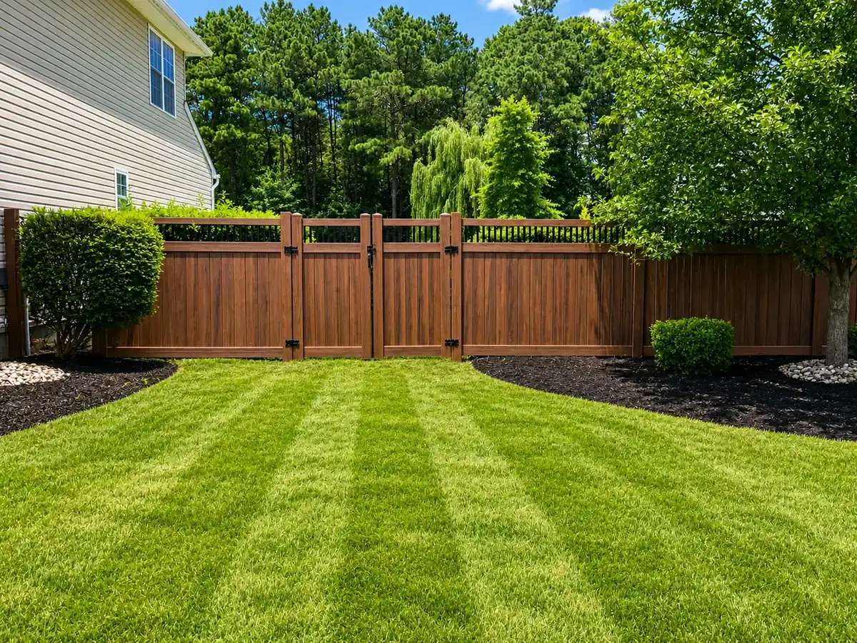 Woodgrain vinyl privacy fence around a manicured backyard
