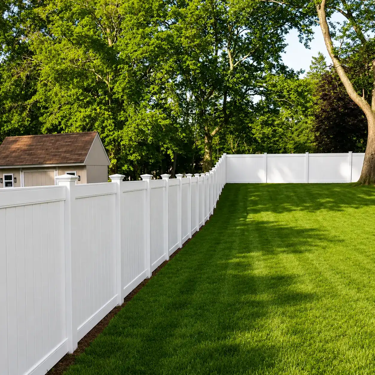 White vinyl privacy fence installed in a New Jersey backyard