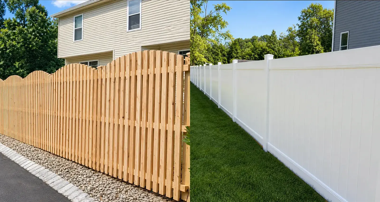 Side-by-side comparison of a wood shadowbox fence and a white vinyl privacy fence in New Jersey
